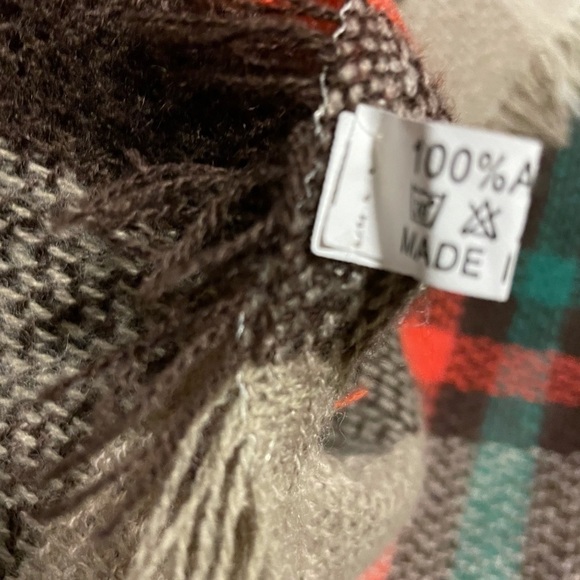 WRAP/SCARF 54” square plaid brown orange teal gold on tan colors fringed. - Picture 2 of 4